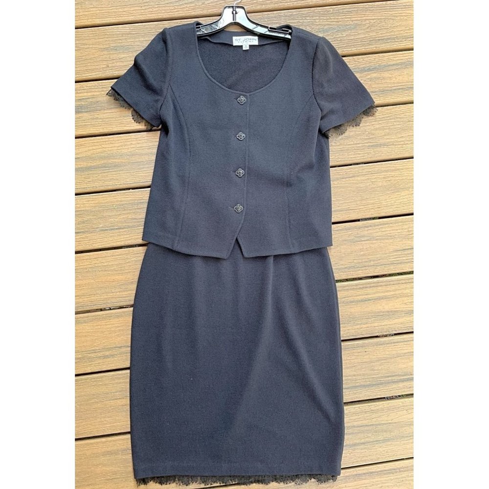 St. John Evening Black Short Sleeve Lace Trim Skirt Suit, Size 10